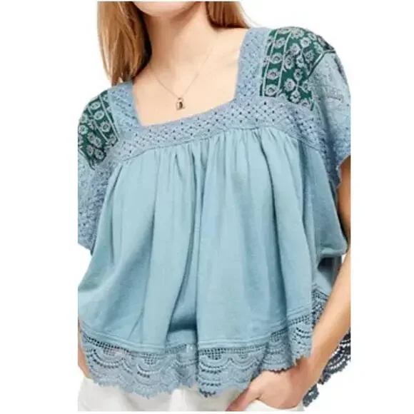 New Free People Prairie Days Floral Embroidered Lace Blouse $98 X-SMALL Seafoam - Picture 2 of 4